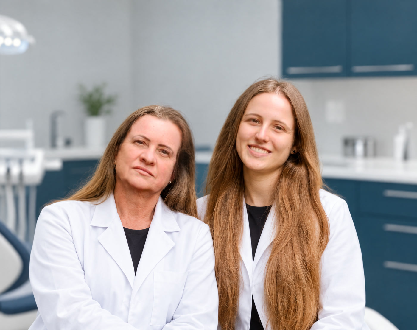 Dra. Rosecler e Dra. Nicolle Floriani Gerlach, mãe e filha, de jaleco no consultório